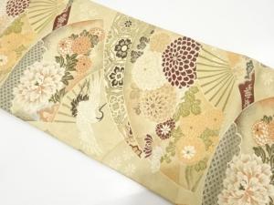 アンティーク　扇に鶴・菊・牡丹模様織り出し丸帯（材料）